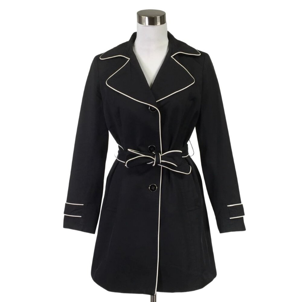 Tommy Hilfiger Black W/ White Piping Midi Belted Rain/Trench Coat